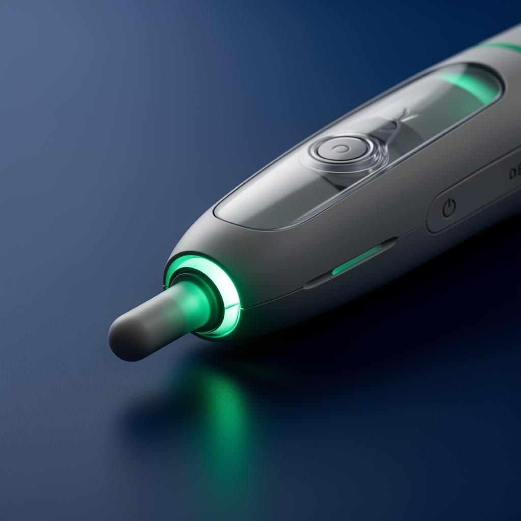 A precision medical device illuminated against a deep navy background