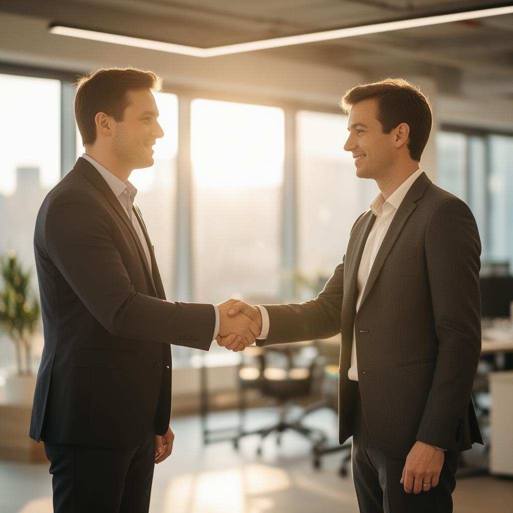 Two professionals shaking hands in a modern office at golden hour