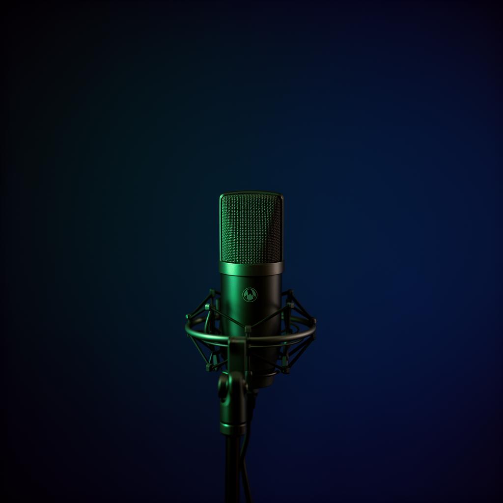 A studio condenser microphone illuminated by emerald rim light